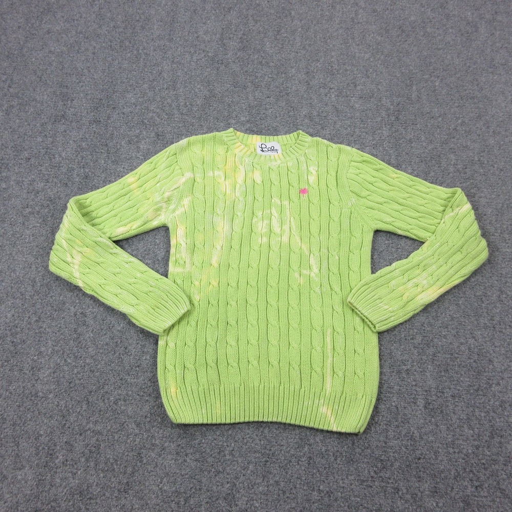 VTG Lilly Pulitzer Sweater Womens Small Green Cable Knit Crewneck Pullover Logo